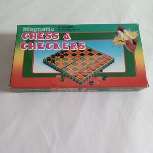 Magnetic Chess and Checkers Travel Set Folding Pocket Game Board Red Black Boxed